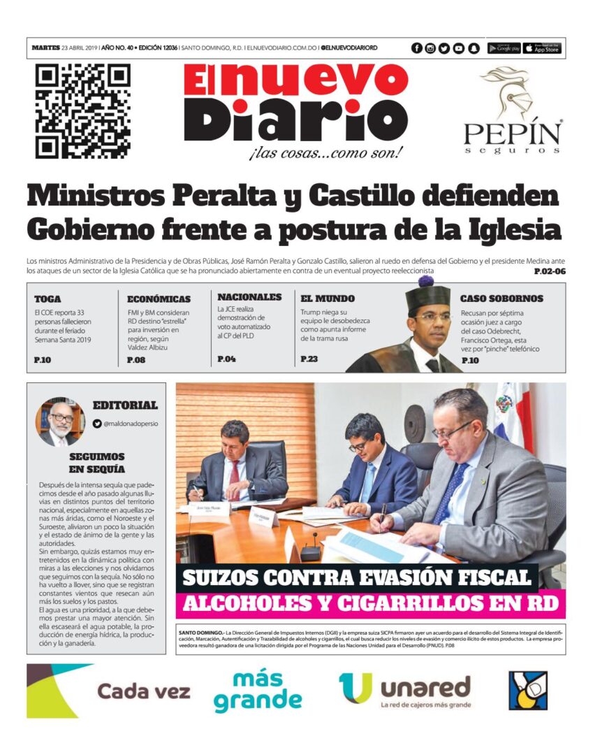 Portada Periódico El Nuevo Diario, Martes 23 Abril 2019