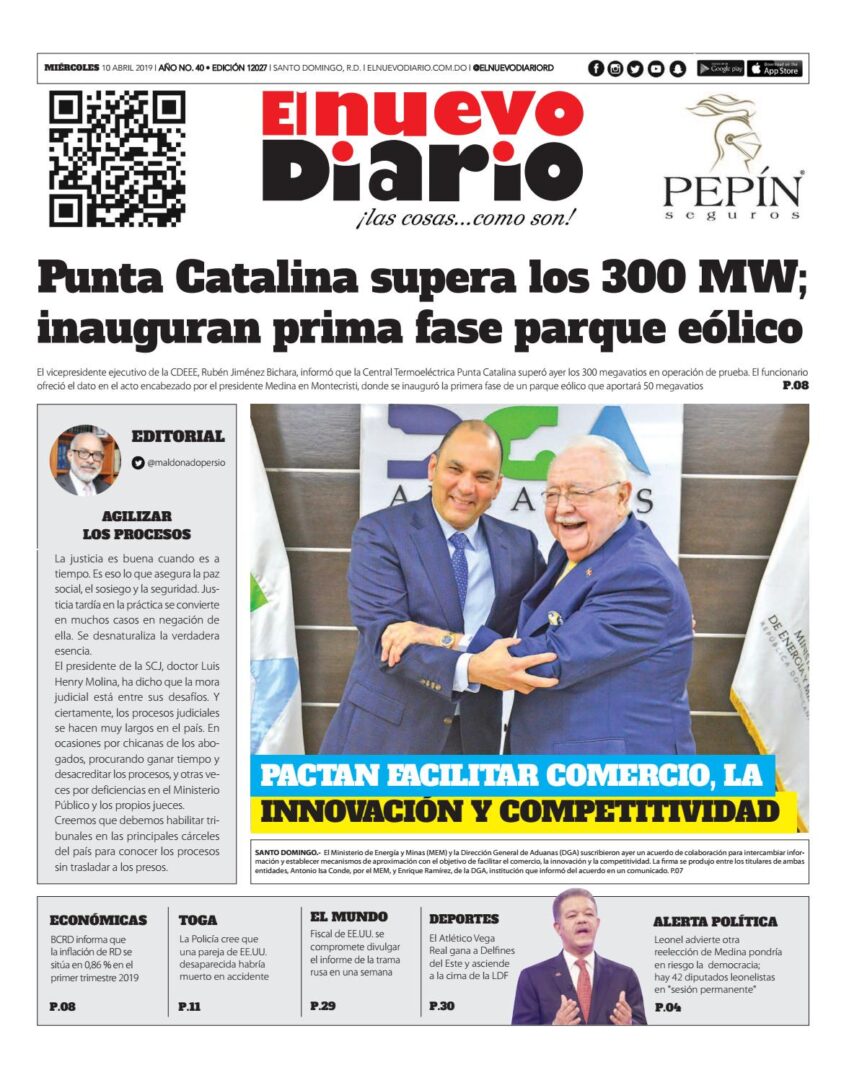 Portada Periódico El Nuevo Diario, Miércoles 10 Abril 2019