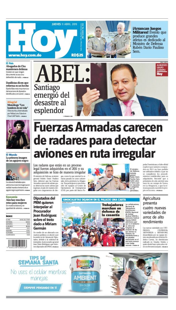 Portada Periódico Hoy, Jueves 11 Abril 2019