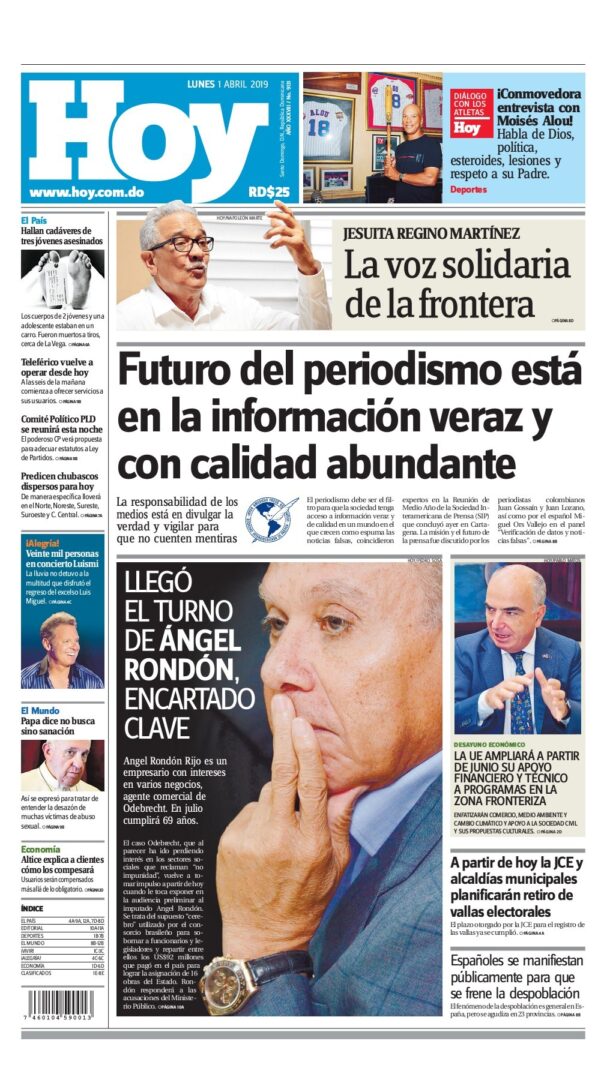Portada Periódico Hoy, Lunes 01 Abril 2019