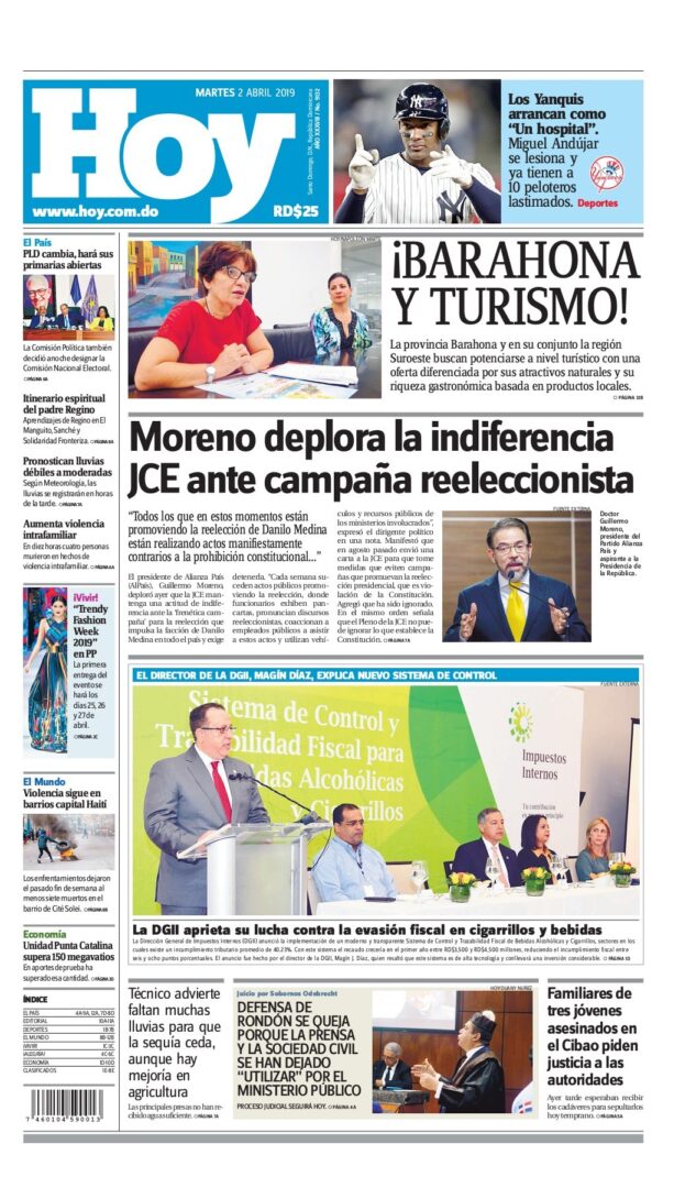 Portada Periódico Hoy, Martes 02 Abril 2019
