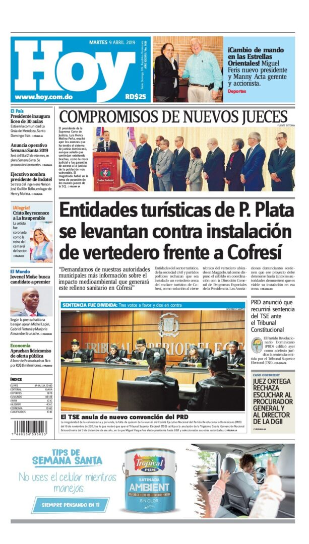 Portada Periódico Hoy, Martes 09 Abril 2019