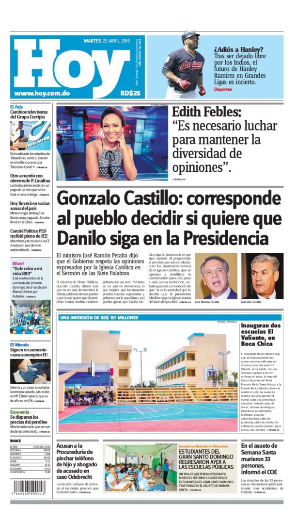 Portada Periódico Hoy, Martes 23 Abril 2019