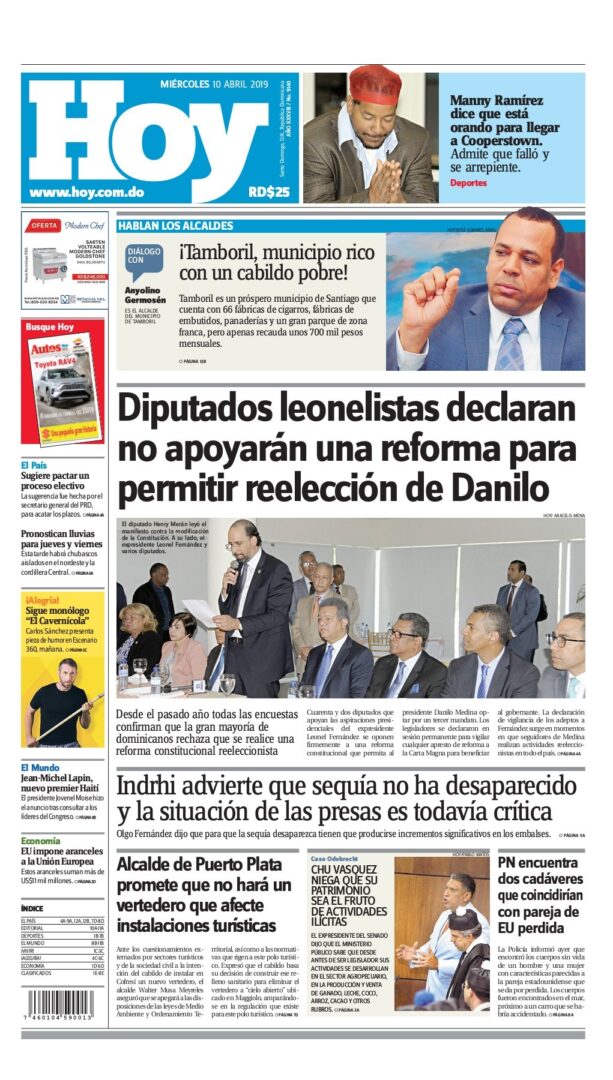 Portada Periódico Hoy, Miércoles 10 Abril 2019