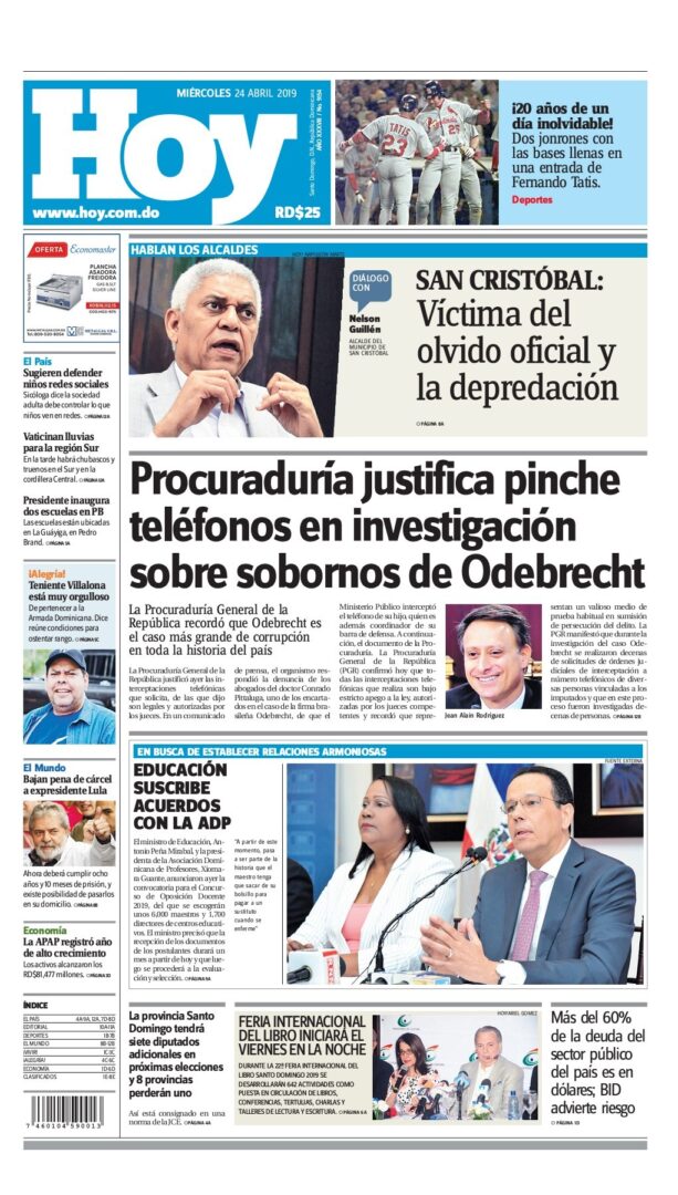 Portada Periódico Hoy, Miércoles 24 Abril 2019