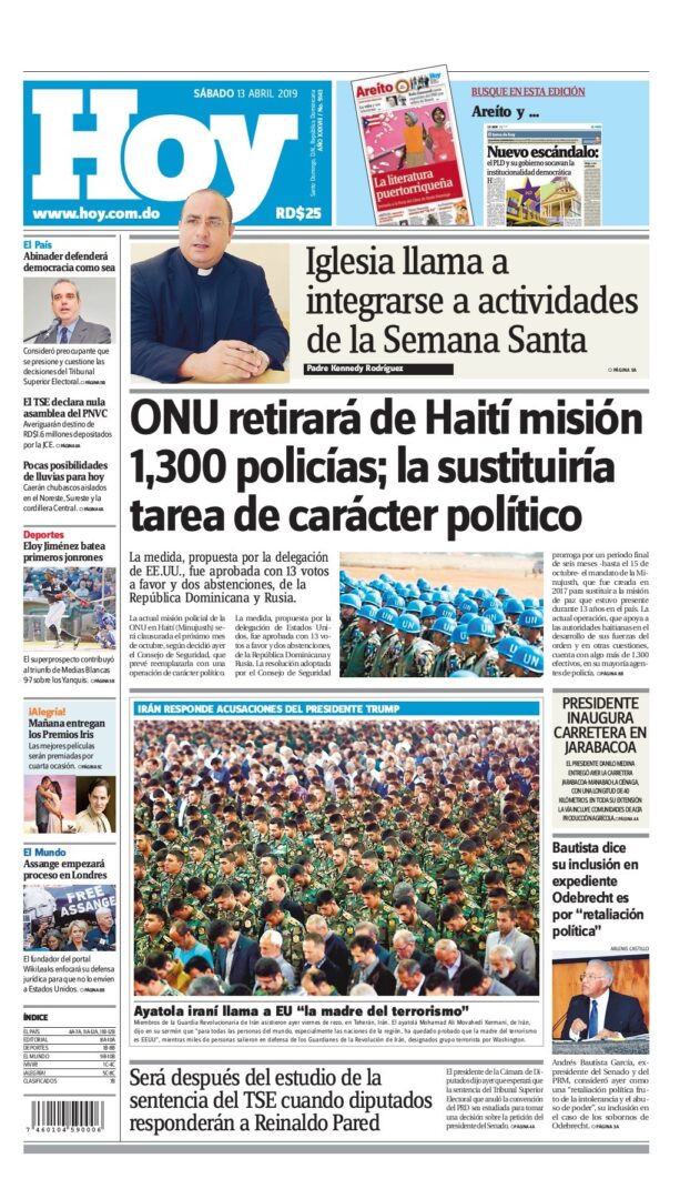 Portada Periódico Hoy, Sábado 13 Abril 2019