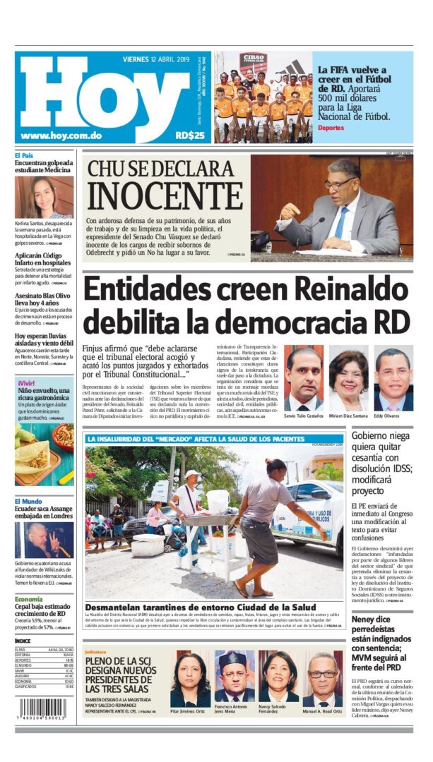 Portada Periódico Hoy, Viernes 12 Abril 2019