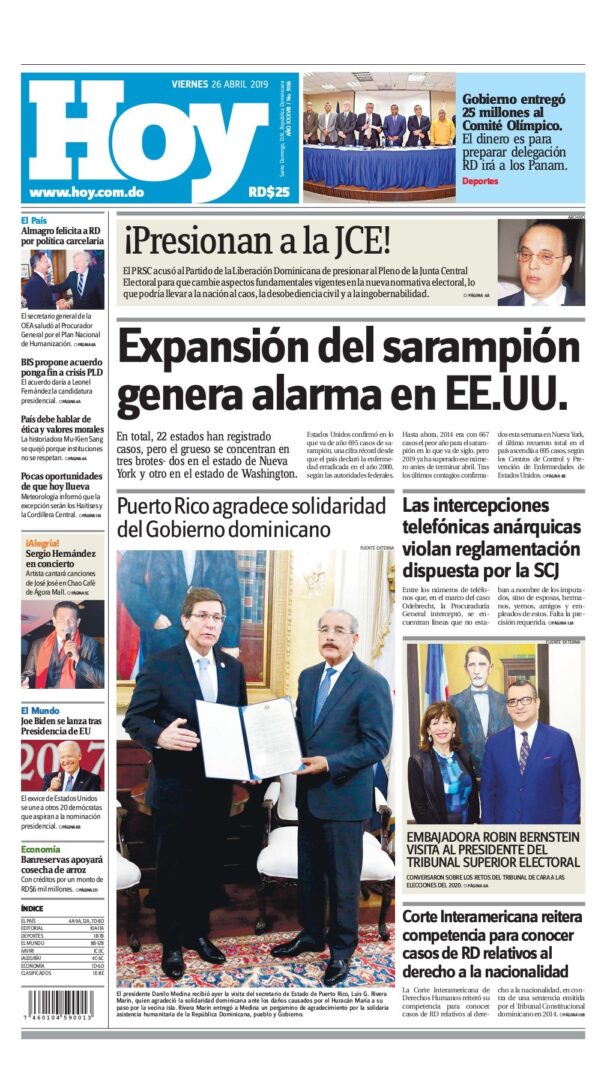 Portada Periódico Hoy, Viernes 26 Abril 2019