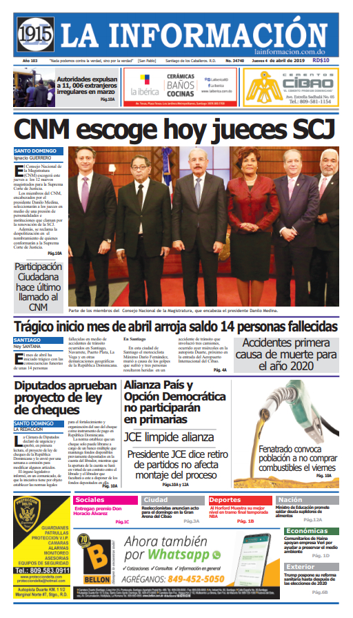 Portada Periódico La Información, Jueves 04 Abril 2019