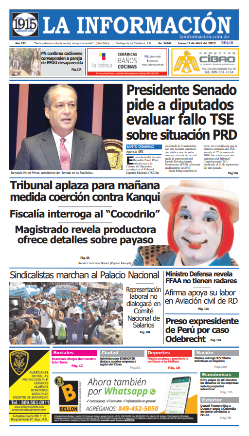 Portada Periódico La Información, Jueves 11 Abril 2019