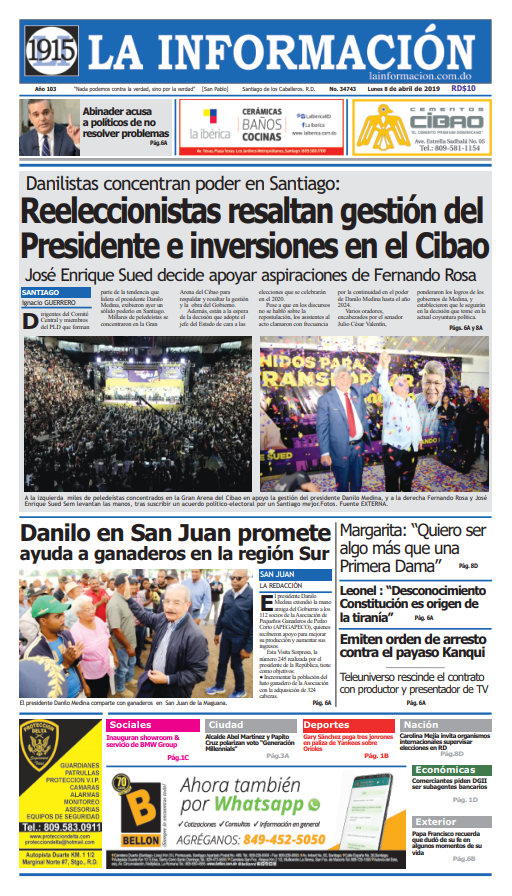 Portada Periódico La Información, Lunes 08 Abril 2019