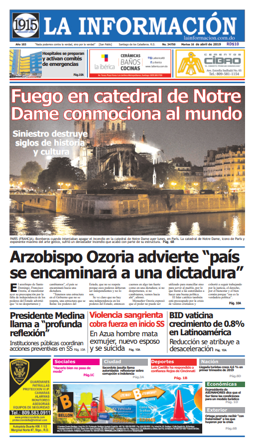 Portada Periódico La Información, Martes 16 Abril 2019
