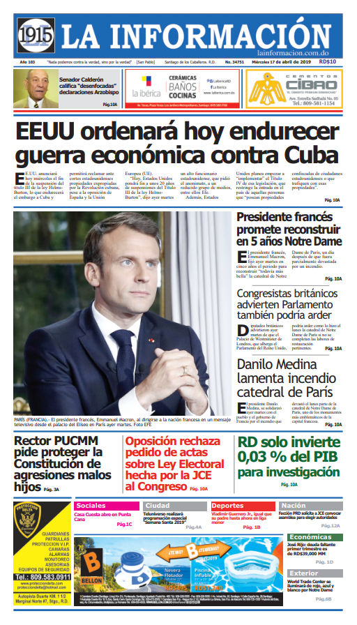 Portada Periódico La Información, Miércoles 17 Abril 2019