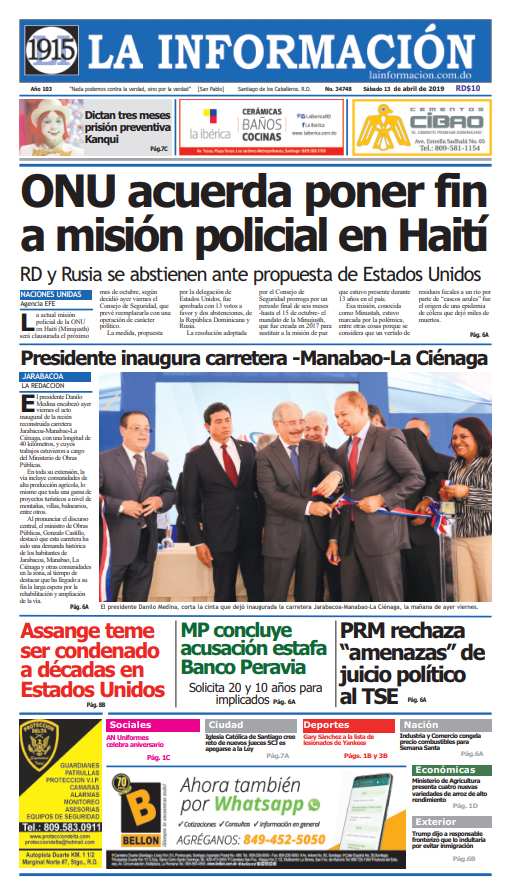 Portada Periódico La Información, Sábado 13 Abril 2019