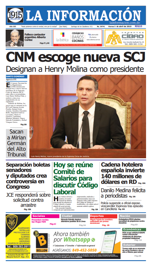 Portada Periódico La Información, Viernes 05 Abril 2019