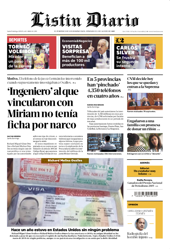 Portada Periódico Listín Diario, Jueves 04 Abril 2019