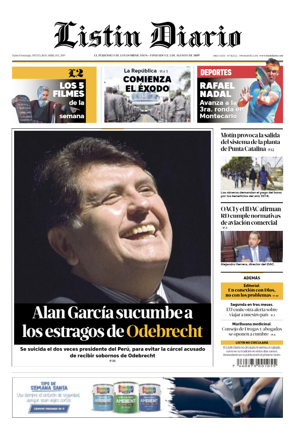 Portada Periódico Listín Diario, Jueves 18 Abril 2019