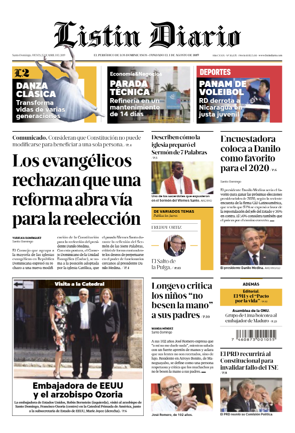 Portada Periódico Listín Diario, Jueves 25 Abril 2019