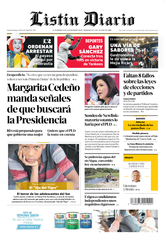 Portada Periódico Listín Diario, Lunes 08 Abril 2019