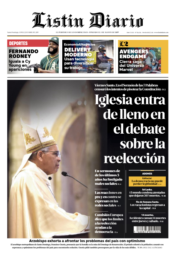 Portada Periódico Listín Diario, Lunes 22 Abril 2019
