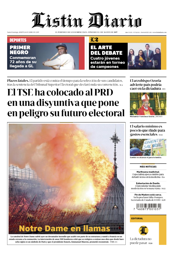 Portada Periódico Listín Diario, Martes 16 Abril 2019