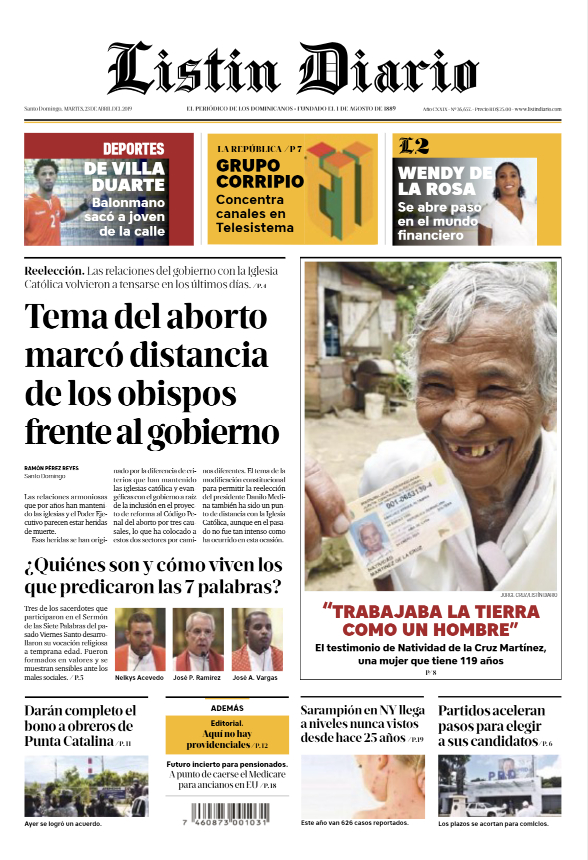 Portada Periódico Listín Diario, Martes 23 Abril 2019