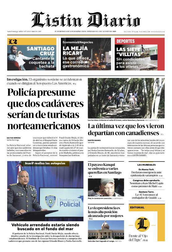 Portada Periódico Listín Diario, Miércoles 10 Abril 2019