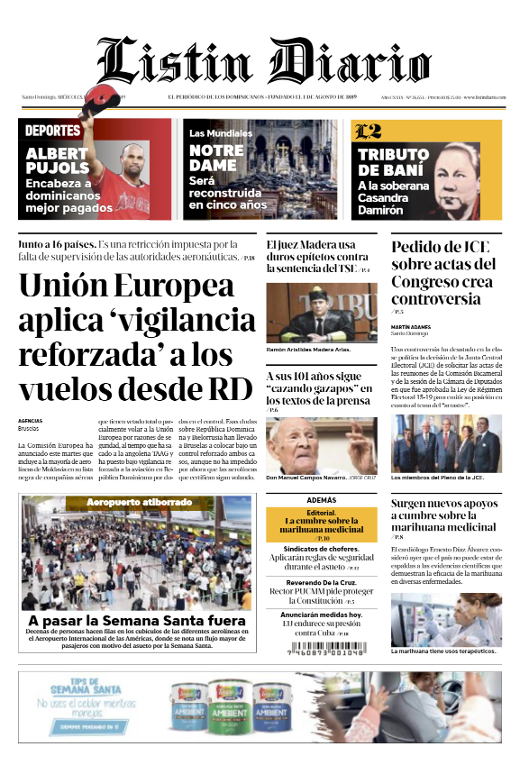 Portada Periódico Listín Diario, Miércoles 17 Abril 2019