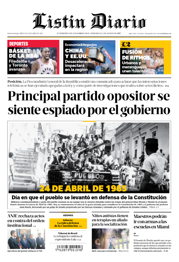 Portada Periódico Listín Diario, Miércoles 24 Abril 2019