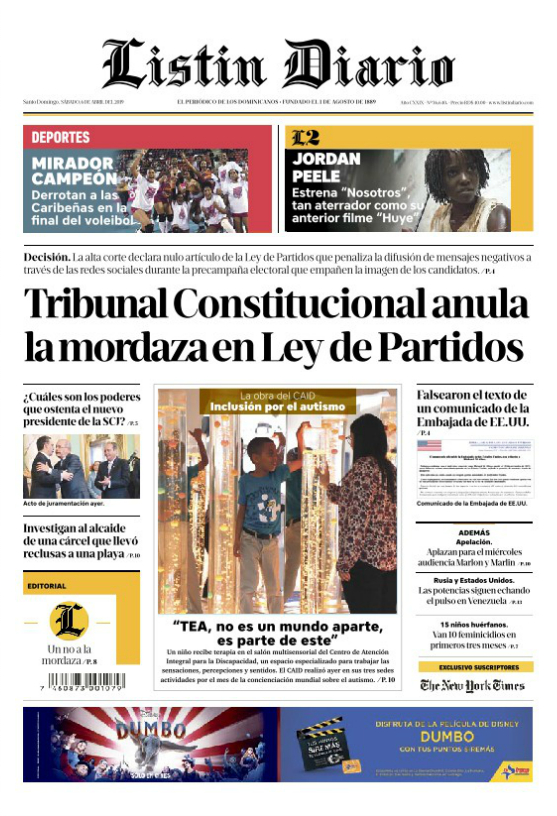 Portada Periódico Listín Diario, Sábado 06 Abril 2019