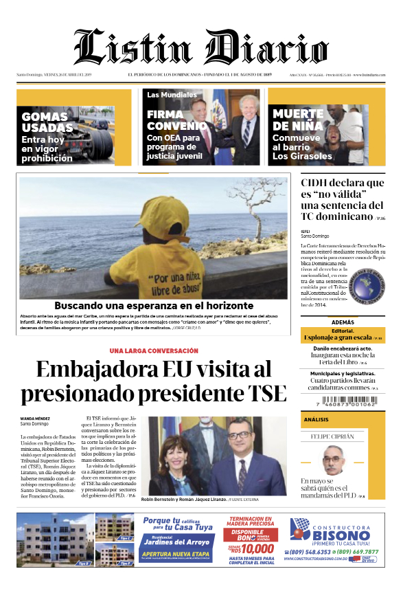 Portada Periódico Listín Diario, Viernes 26 Abril 2019