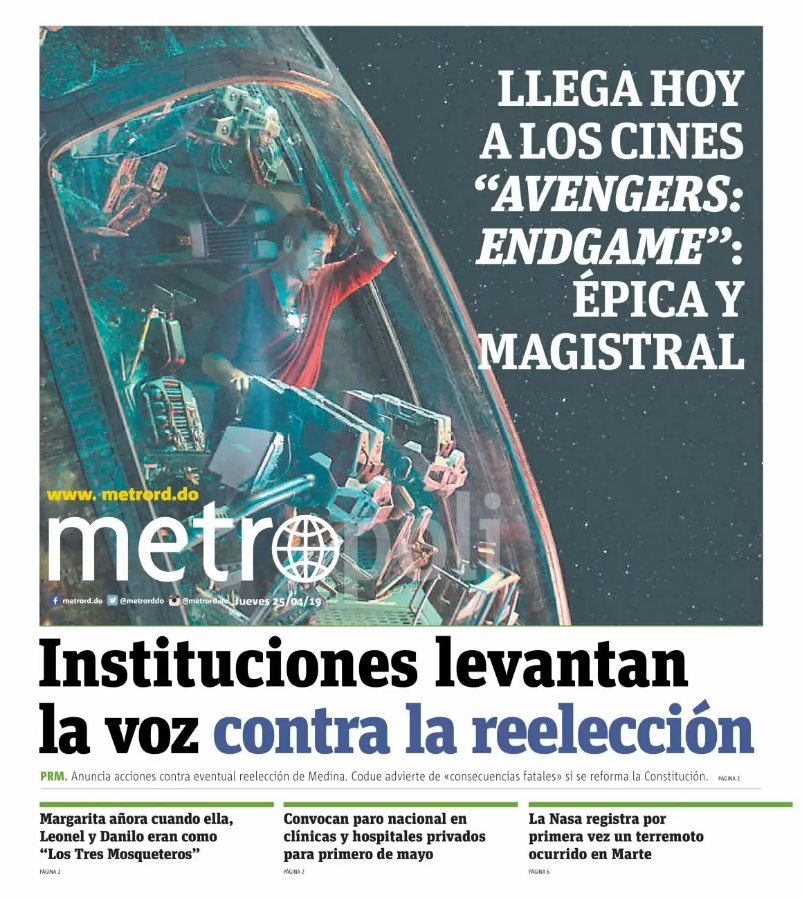 Portada Periódico Metro, Jueves 25 Abril 2019