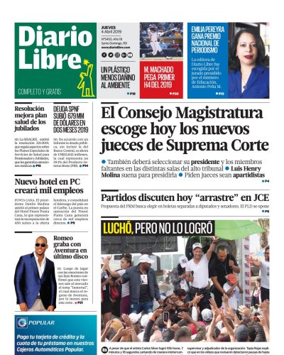 Portada Periódico Diario Libre, Jueves 04 Abril 2019