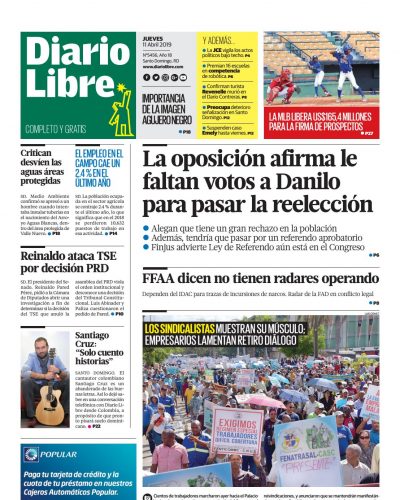 Portada Periódico Diario Libre, Jueves 11 Abril 2019