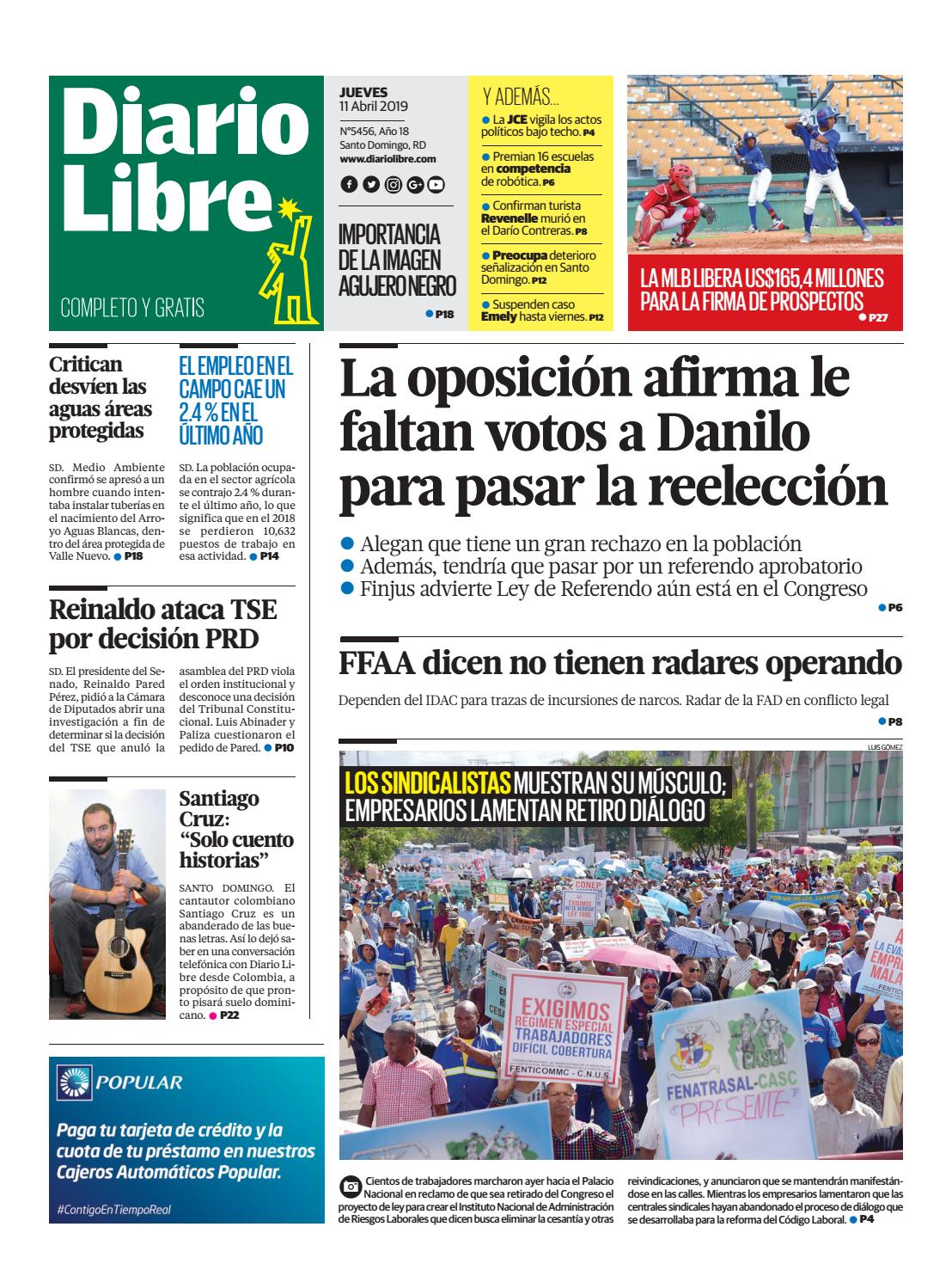 Portada Periódico Diario Libre, Jueves 11 Abril 2019