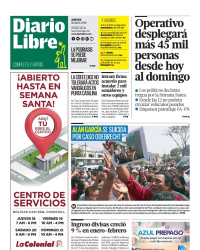 Portada Periódico Diario Libre, Jueves 18 Abril 2019