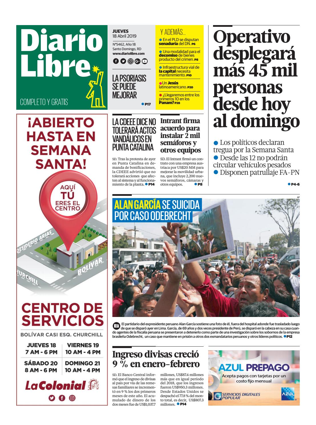Portada Periódico Diario Libre, Jueves 18 Abril 2019