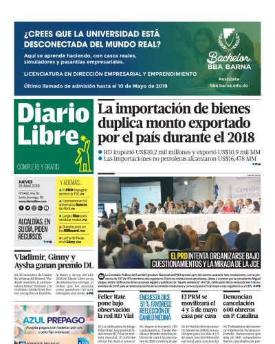 Portada Periódico Diario Libre, Jueves 25 Abril 2019