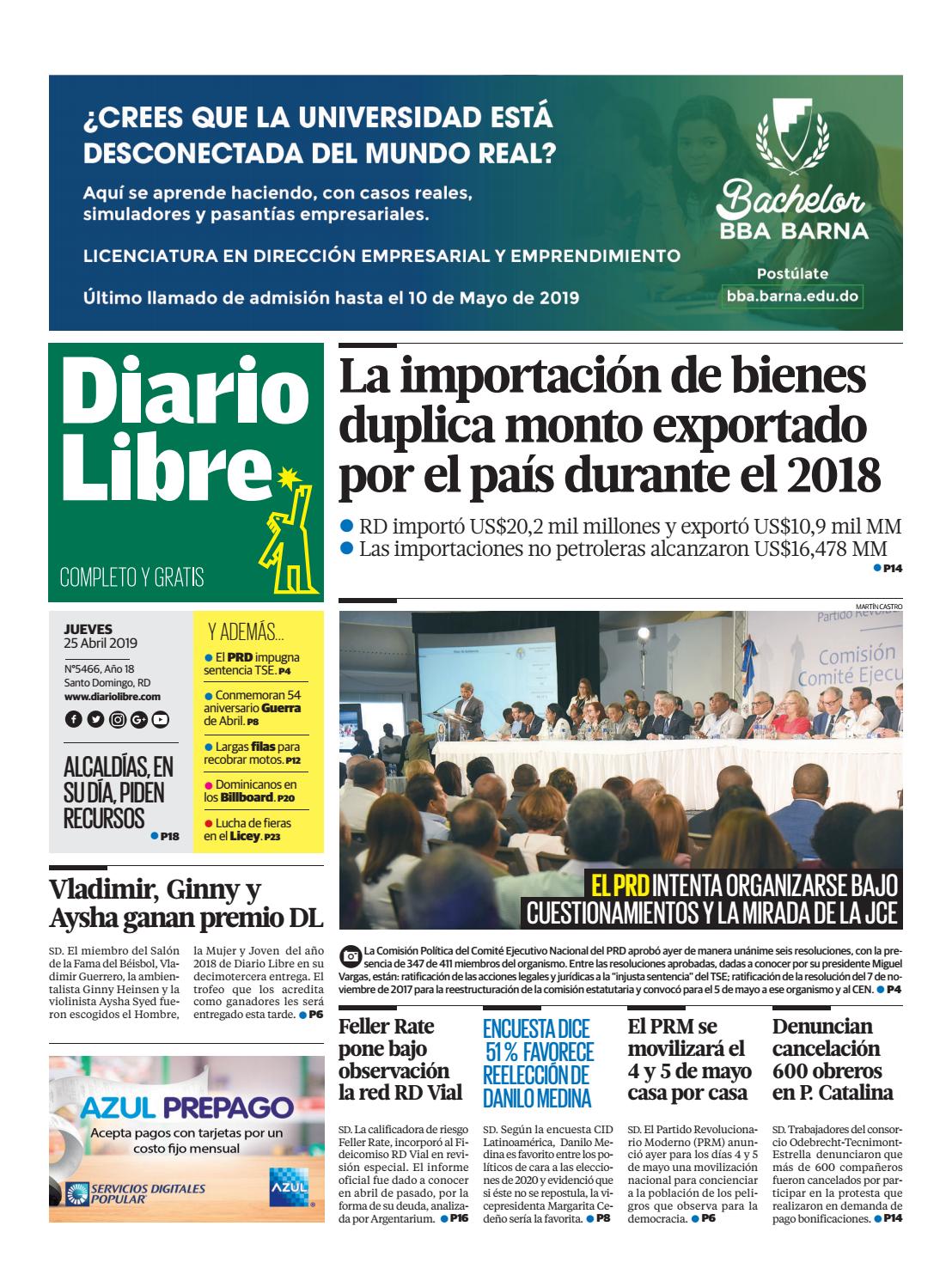 Portada Periódico Diario Libre, Jueves 25 Abril 2019