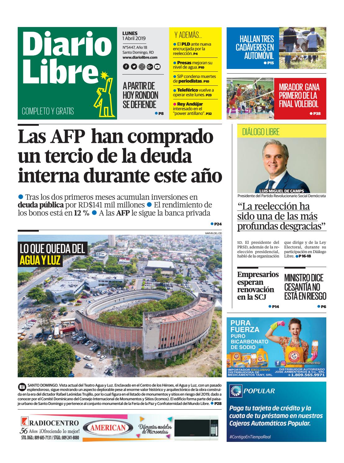 Portada Periódico Diario Libre, Lunes 01 Abril 2019