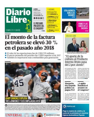 Portada Periódico Diario Libre, Lunes 08 Abril 2019