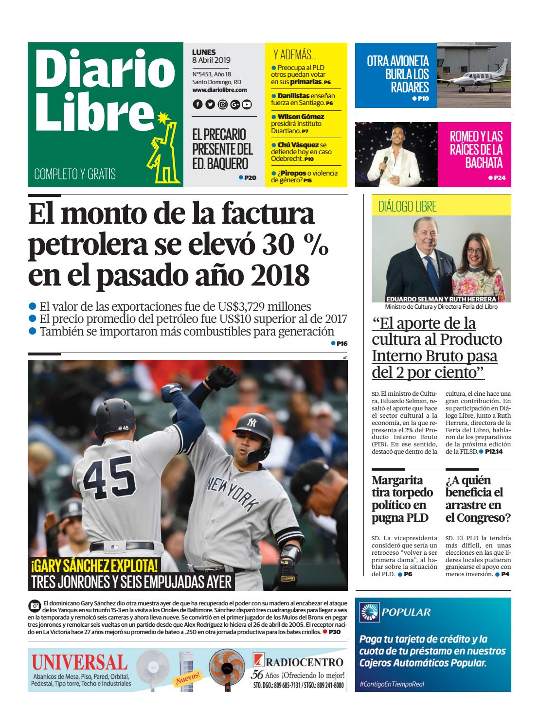 Portada Periódico Diario Libre, Lunes 08 Abril 2019