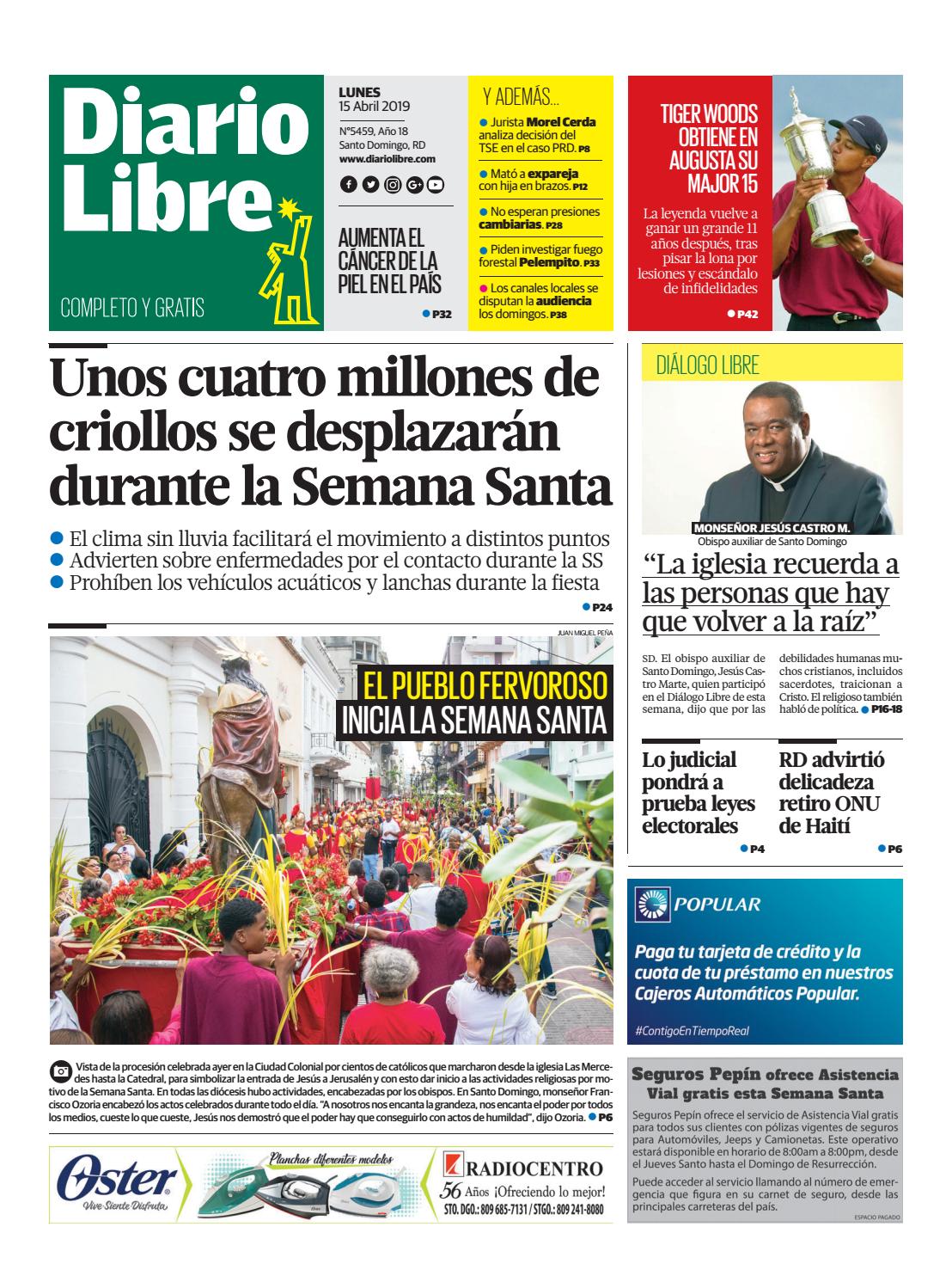 Portada Periódico Diario Libre, Lunes 15 Abril 2019