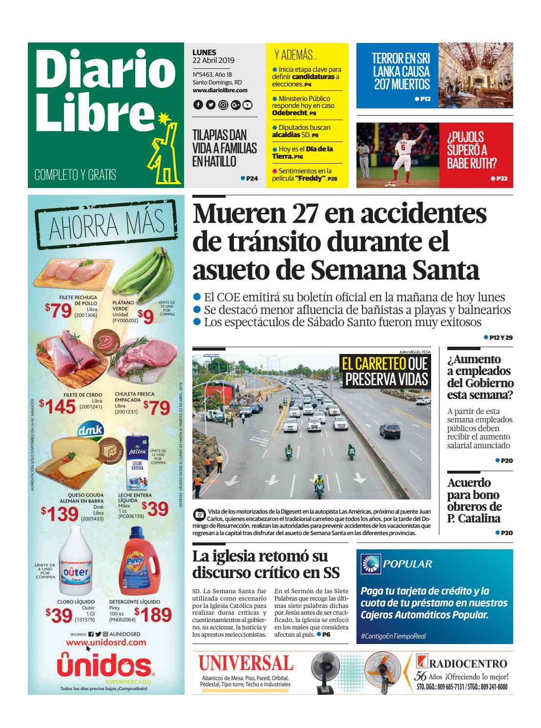 Portada Periódico Diario Libre, Lunes 22 Abril 2019