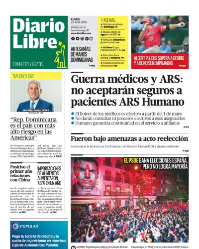 Portada Periódico Diario Libre, Lunes 29 Abril 2019