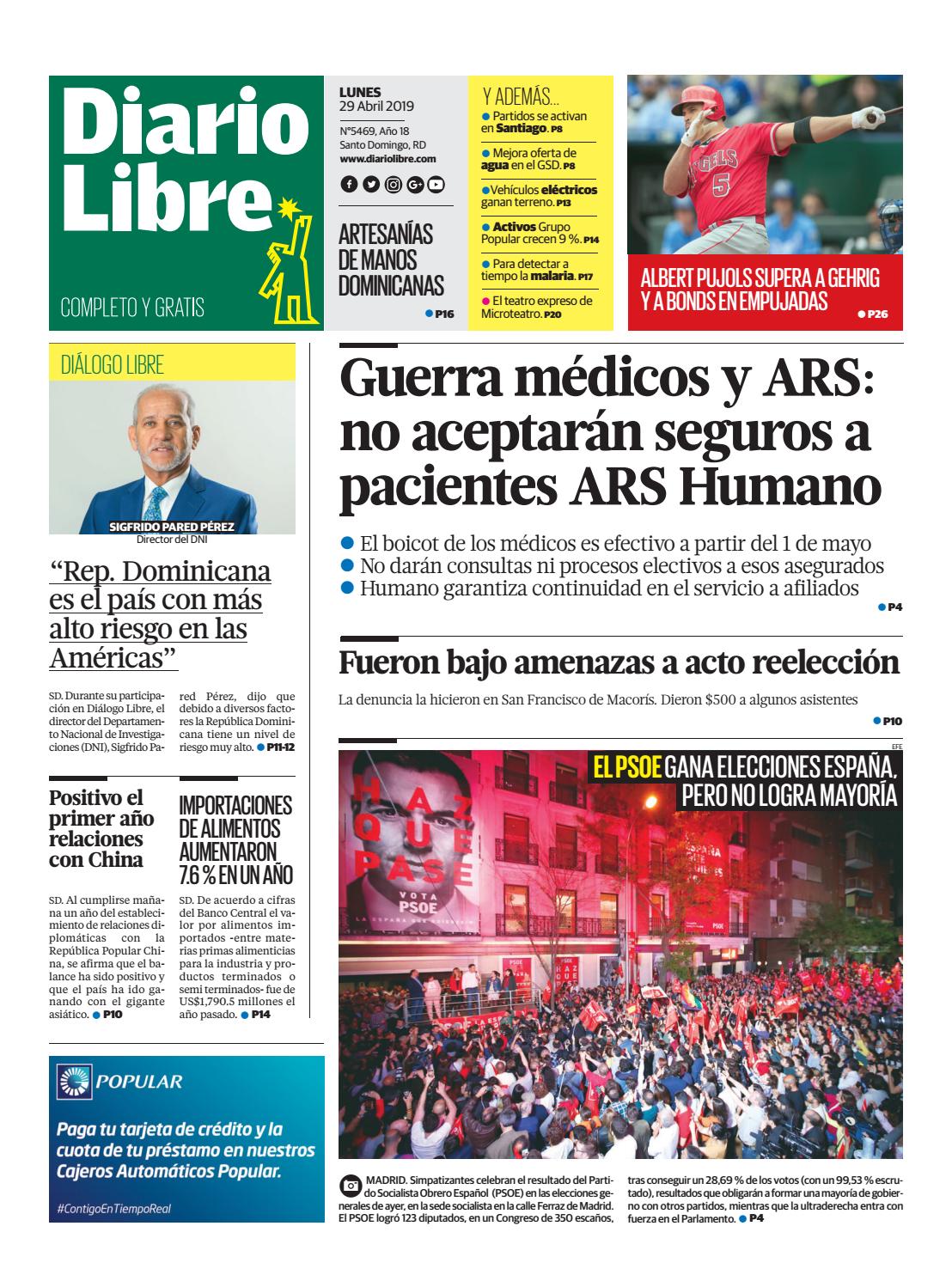 Portada Periódico Diario Libre, Lunes 29 Abril 2019