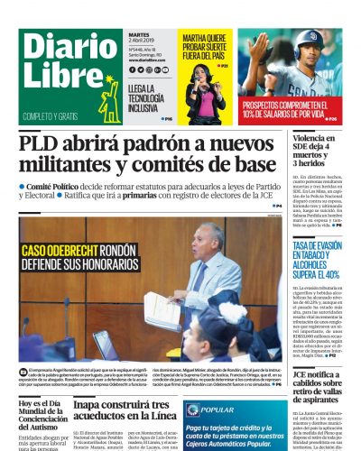 Portada Periódico Diario Libre, Martes 02 Abril 2019