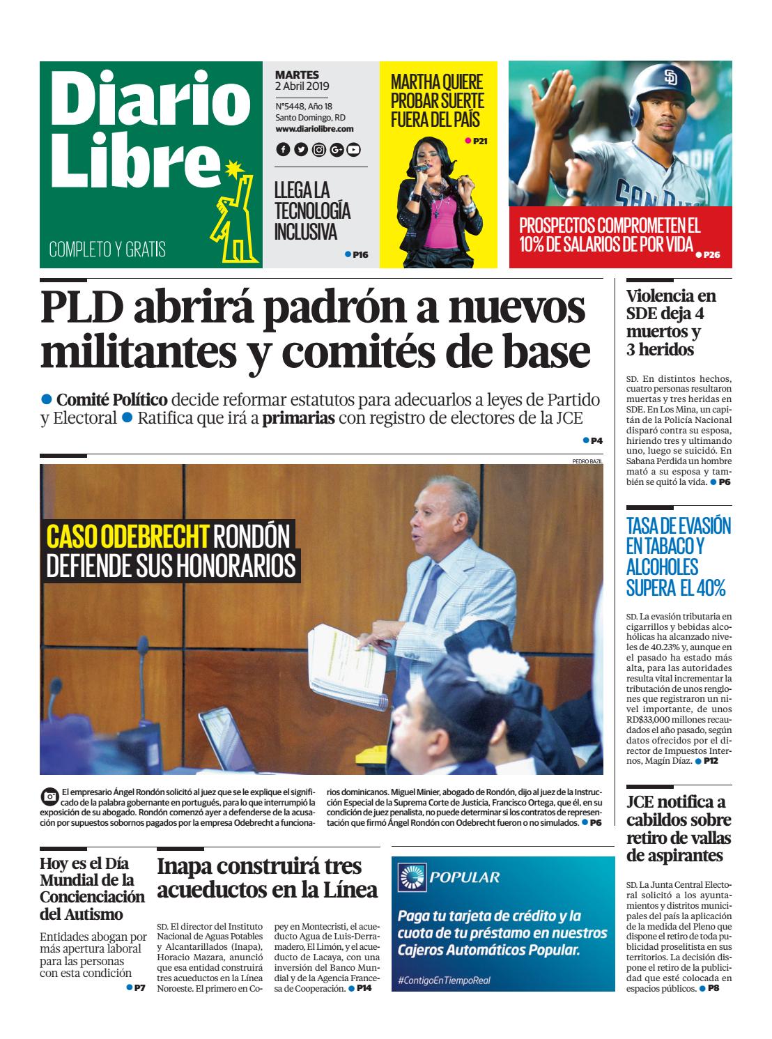Portada Periódico Diario Libre, Martes 02 Abril 2019