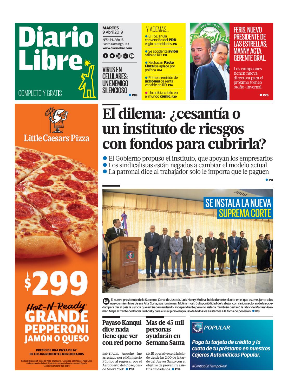 Portada Periódico Diario Libre, Martes 09 Abril 2019