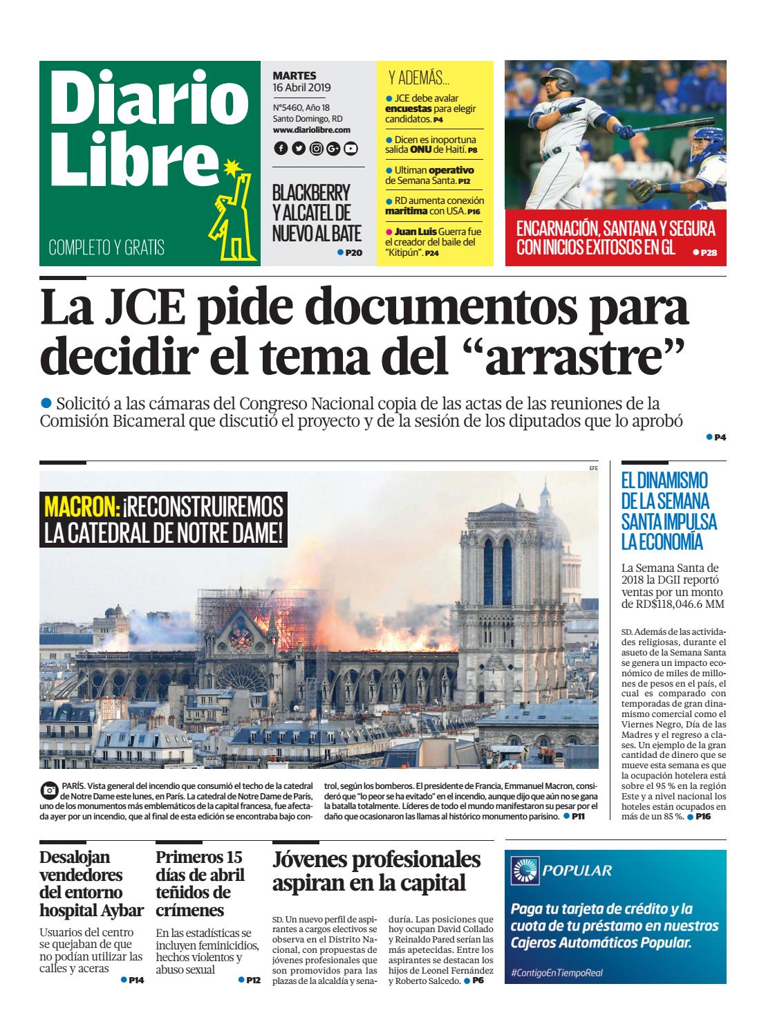 Portada Periódico Diario Libre, Martes 16 Abril 2019